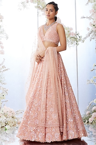 Tropical Peach Sequins Embroidered Lehenga Set by Seema Gujral