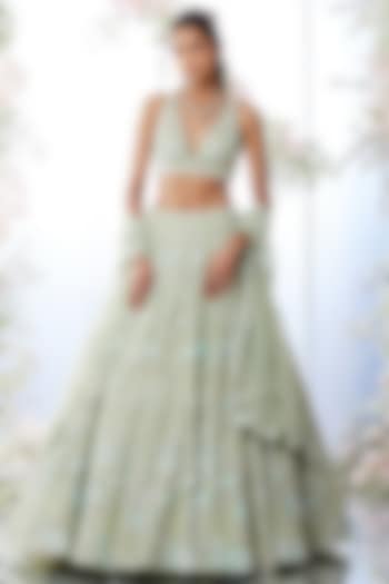 Tea Green Embroidered Bridal Lehenga Set by Seema Gujral at Pernia's Pop Up Shop