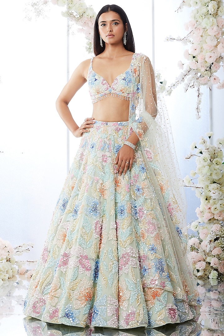Pear Green Floral Embroidered Lehenga Set by Seema Gujral