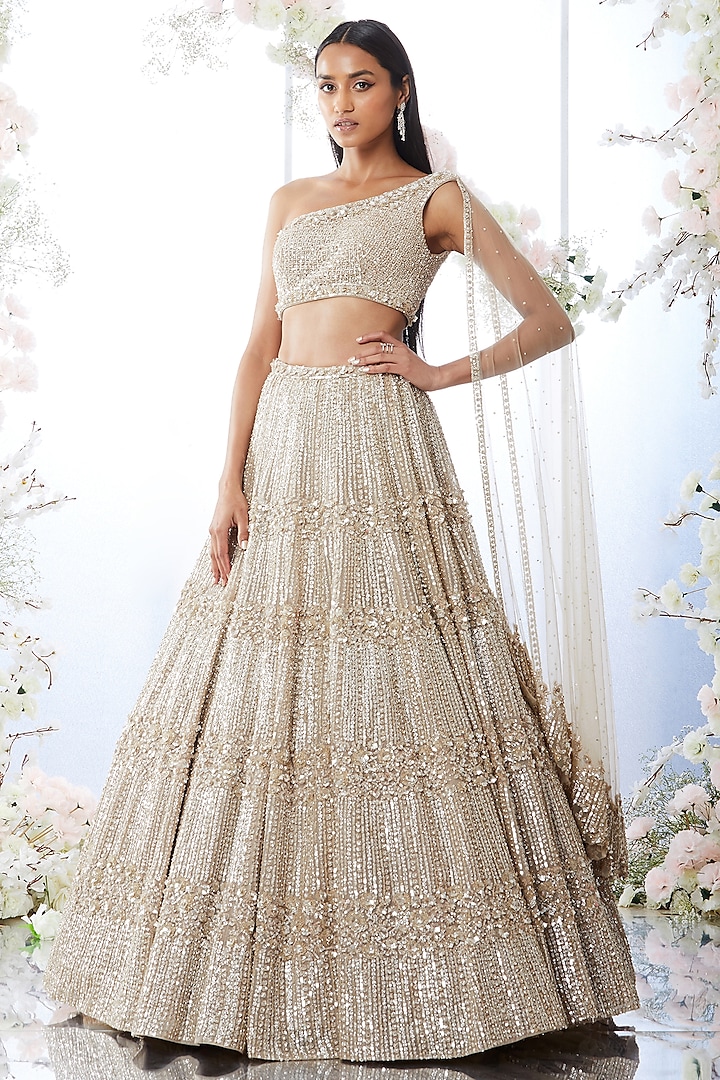 Champagne Sequins Embroidered Lehenga Set by Seema Gujral