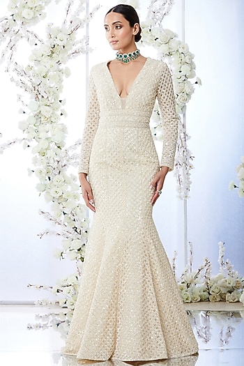 Ivory Embroidered Fish-Cut Gown Design by Seema Gujral at Pernia's Pop Up Shop 2026