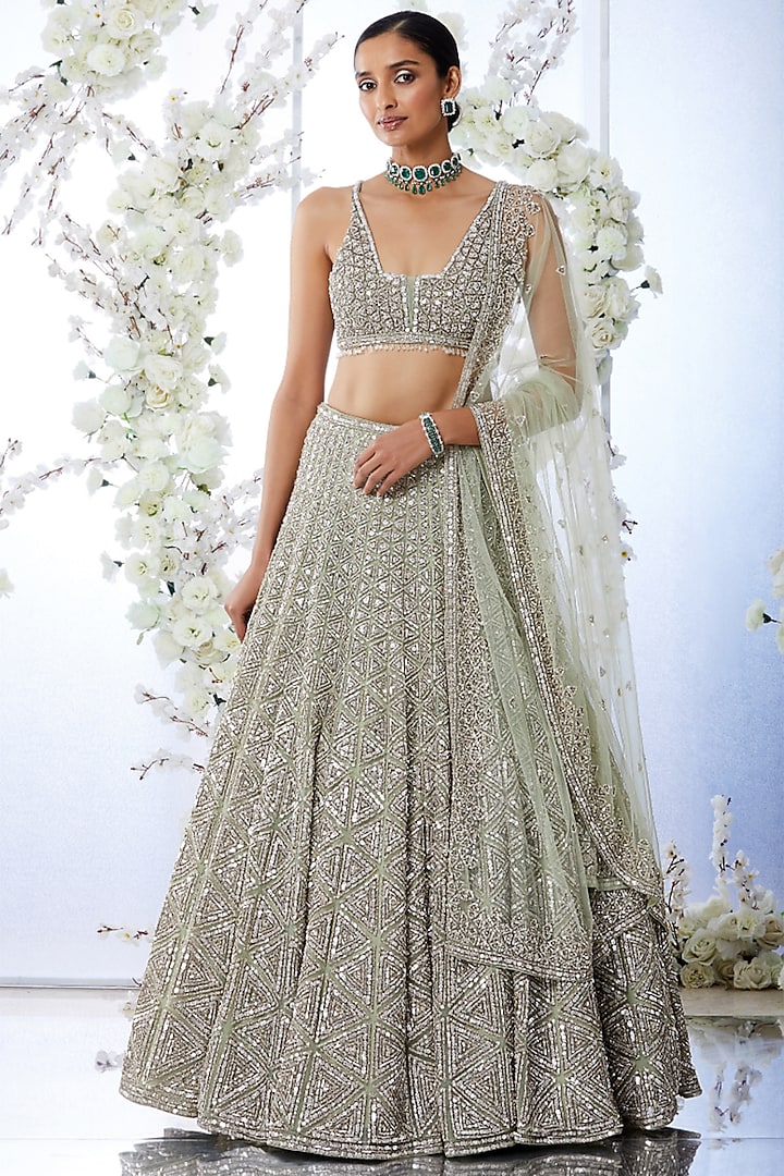 Sea Green Sequins Embroidered Lehenga Set by Seema Gujral