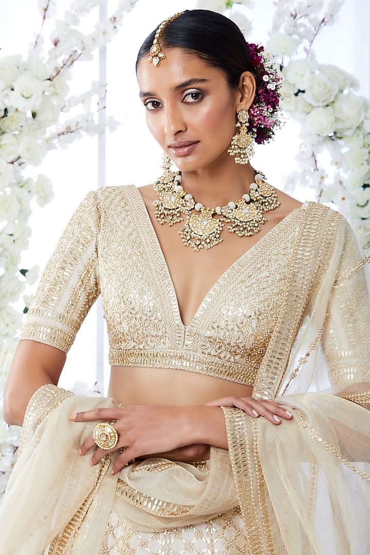 Ivory Gota Patti Embroidered Bridal Lehenga Set by Seema Gujral at Pernia's Pop Up Shop