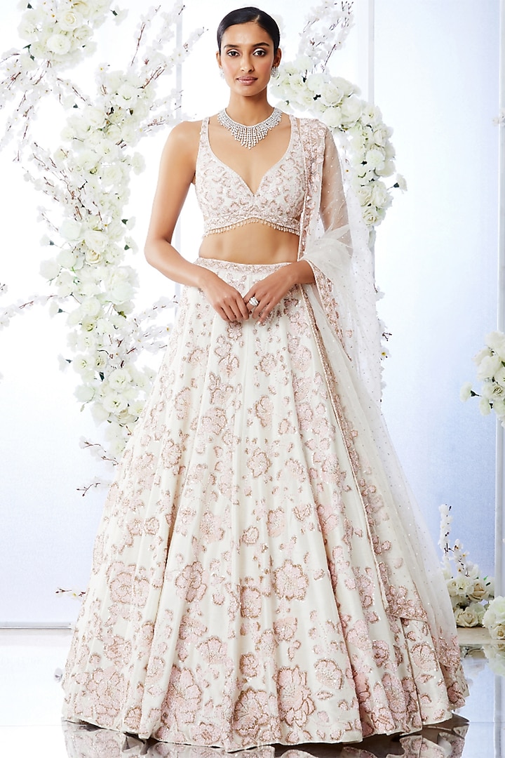 Cream Bugle Beads Embroidered Bridal Lehenga Set by Seema Gujral at Pernia's Pop Up Shop