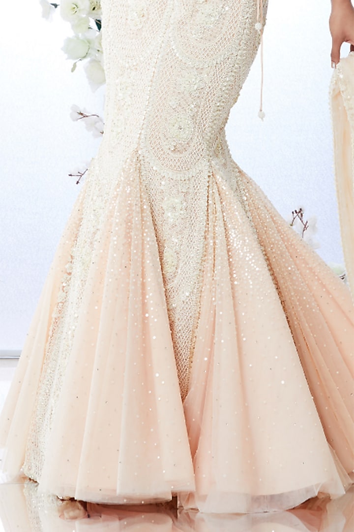 Powder Peach Embroidered Fish-Cut Bridal Lehenga Set by Seema Gujral at Pernia's Pop Up Shop