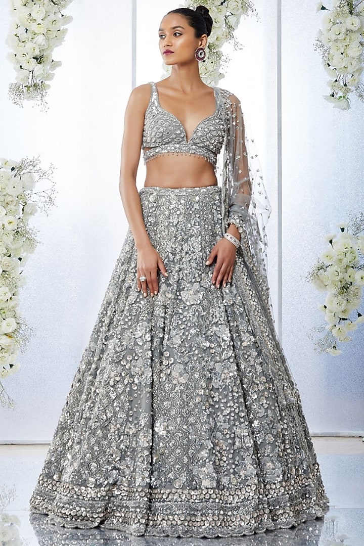 Dark Grey Embroidered Lehenga Set by Seema Gujral