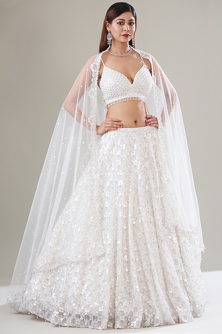 White Organza Glass Embroidered Lehenga Set by Seema Gujral