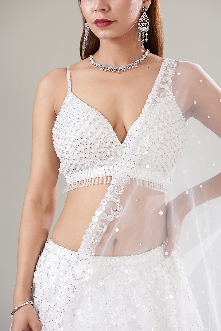 White Organza Glass Embroidered Bridal Lehenga Set by Seema Gujral at Pernia's Pop Up Shop