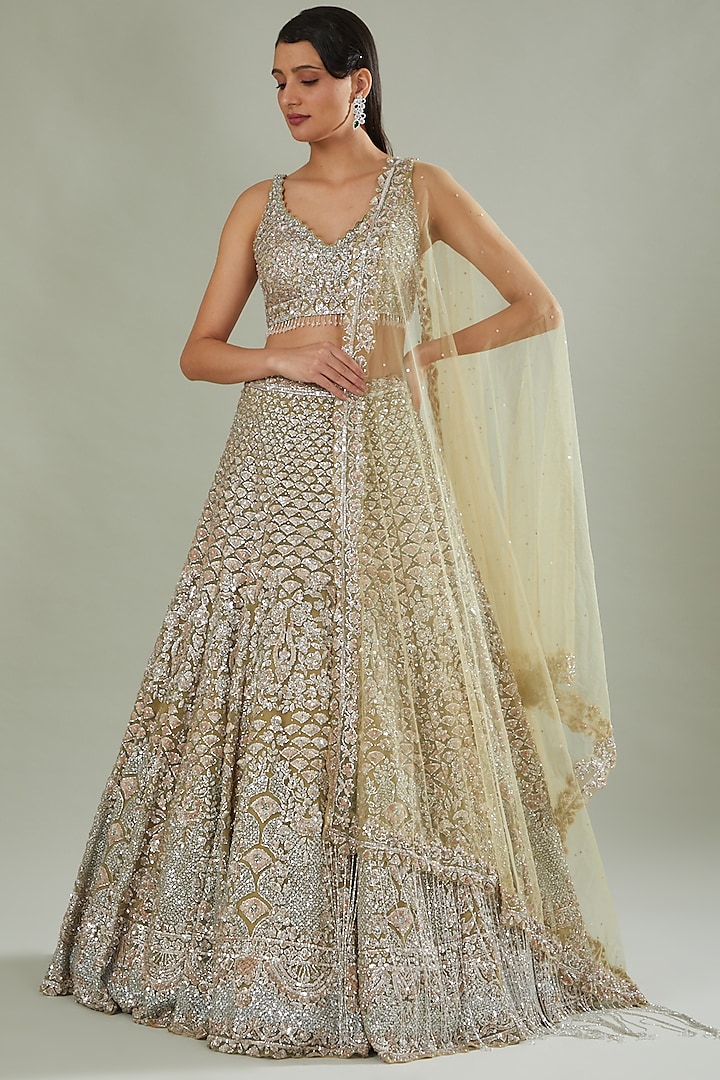 Metallic Gold Net Sequins Embroidered Lehenga Set by Seema Gujral
