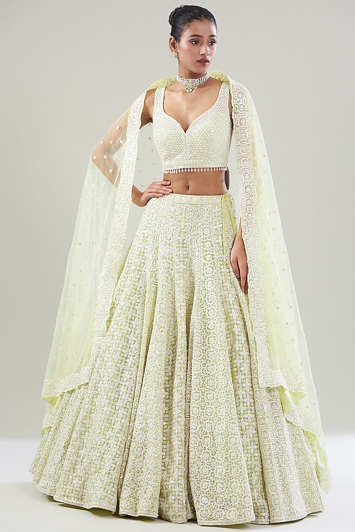 Lime Net Pearl Embroidered Lehenga set by Seema Gujral