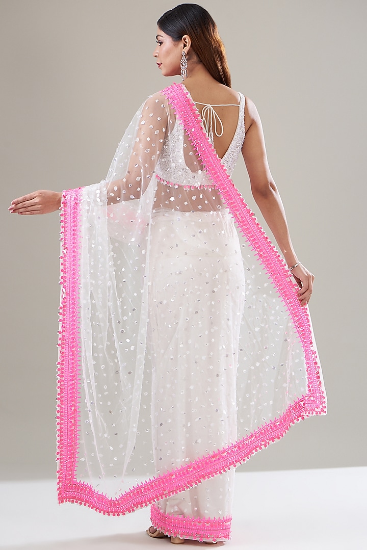 White Net Sequins Embroidered Reception Saree Set by Seema Gujral at Pernia's Pop Up Shop