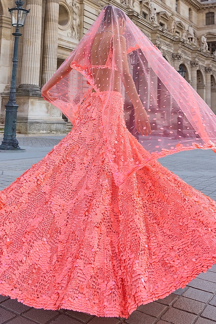 Neon Peach Net Sequins Embroidered Bridal Lehenga Set by Seema Gujral at Pernia's Pop Up Shop