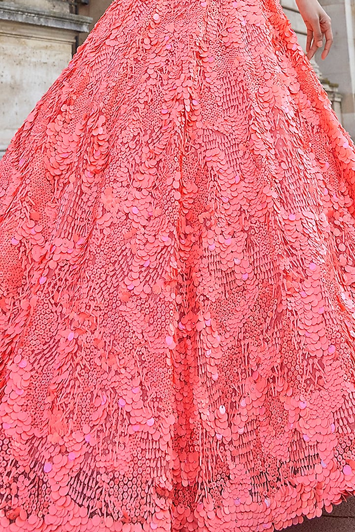 Neon Peach Net Sequins Embroidered Bridal Lehenga Set by Seema Gujral at Pernia's Pop Up Shop