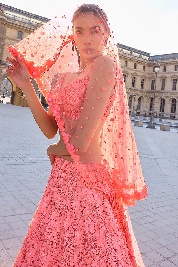Neon Peach Net Sequins Embroidered Bridal Lehenga Set by Seema Gujral at Pernia's Pop Up Shop