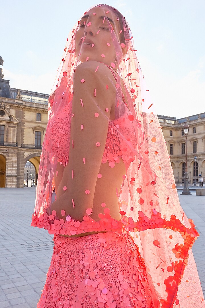 Neon Peach Net Sequins Embroidered Bridal Lehenga Set by Seema Gujral at Pernia's Pop Up Shop