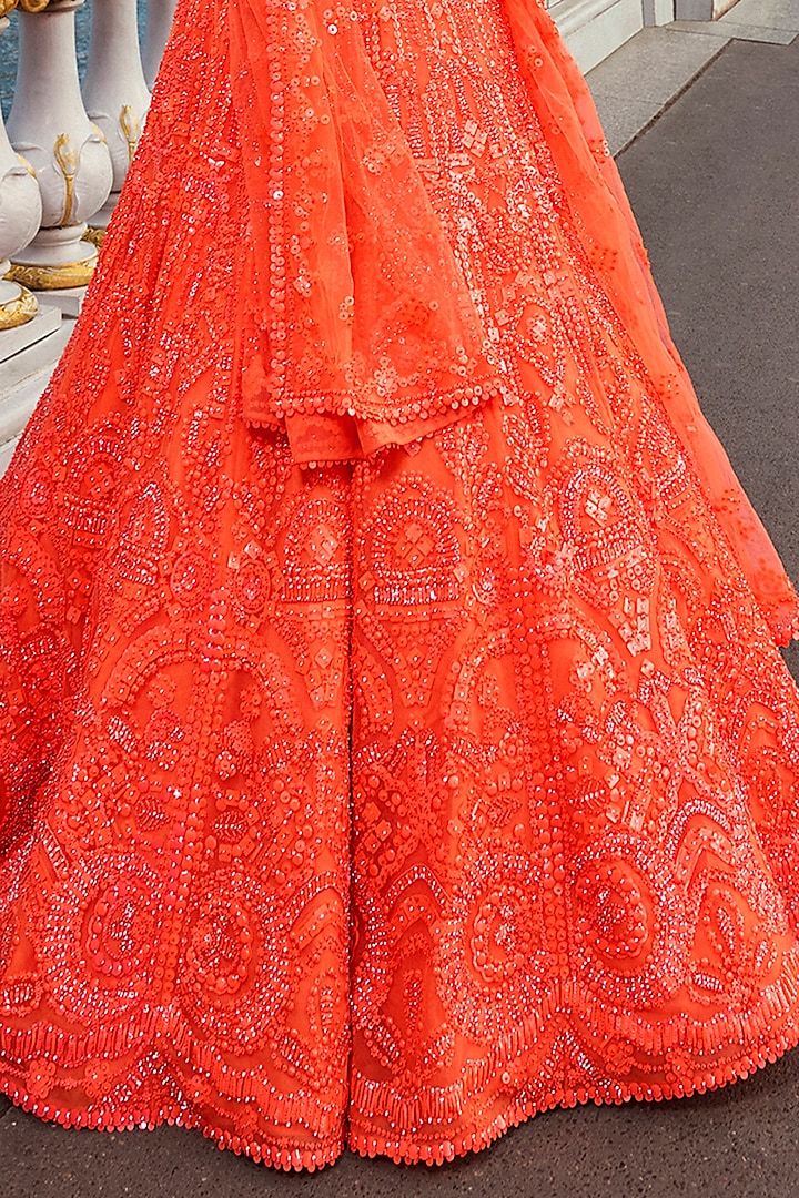 Neon Orange Net Sequins Embroidered Bridal Lehenga Set by Seema Gujral at Pernia's Pop Up Shop