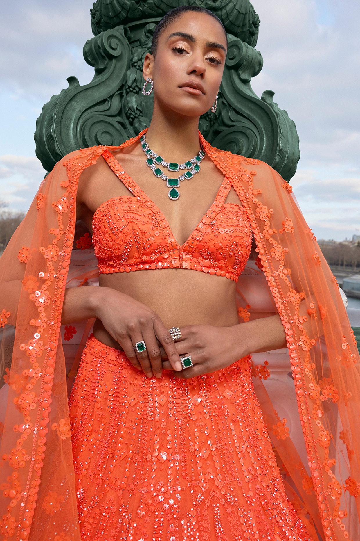 Neon Orange Net Sequins Embroidered Bridal Lehenga Set by Seema Gujral at Pernia s Pop Up Shop 2024