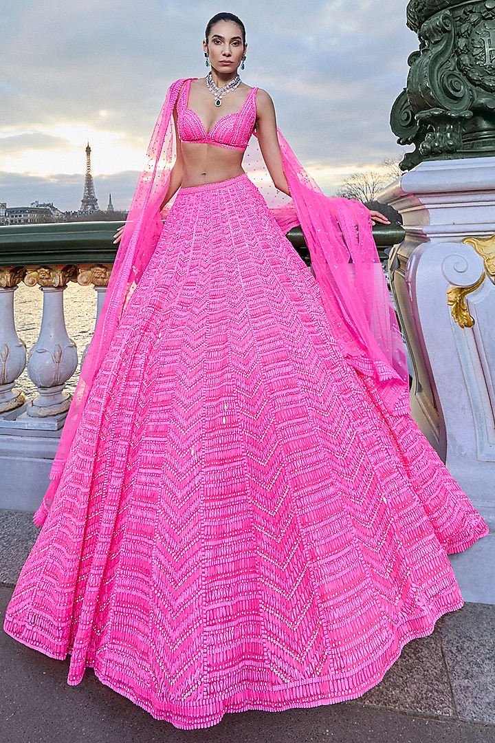 Neon Pink Net Sequins Embroidered Bridal Lehenga Set by Seema Gujral at Pernia's Pop Up Shop