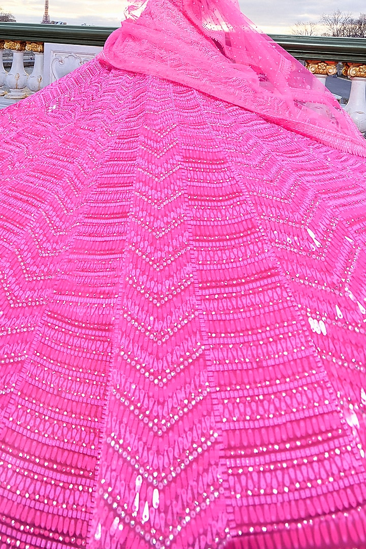 Neon Pink Net Sequins Embroidered Bridal Lehenga Set by Seema Gujral at Pernia's Pop Up Shop