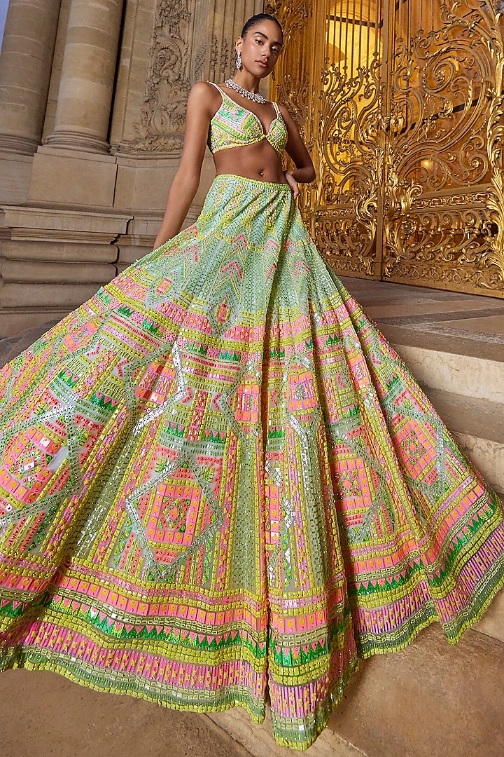 Neon Multi-Colored Net Sequins Embroidered Bridal Lehenga Set by Seema Gujral at Pernia's Pop Up Shop
