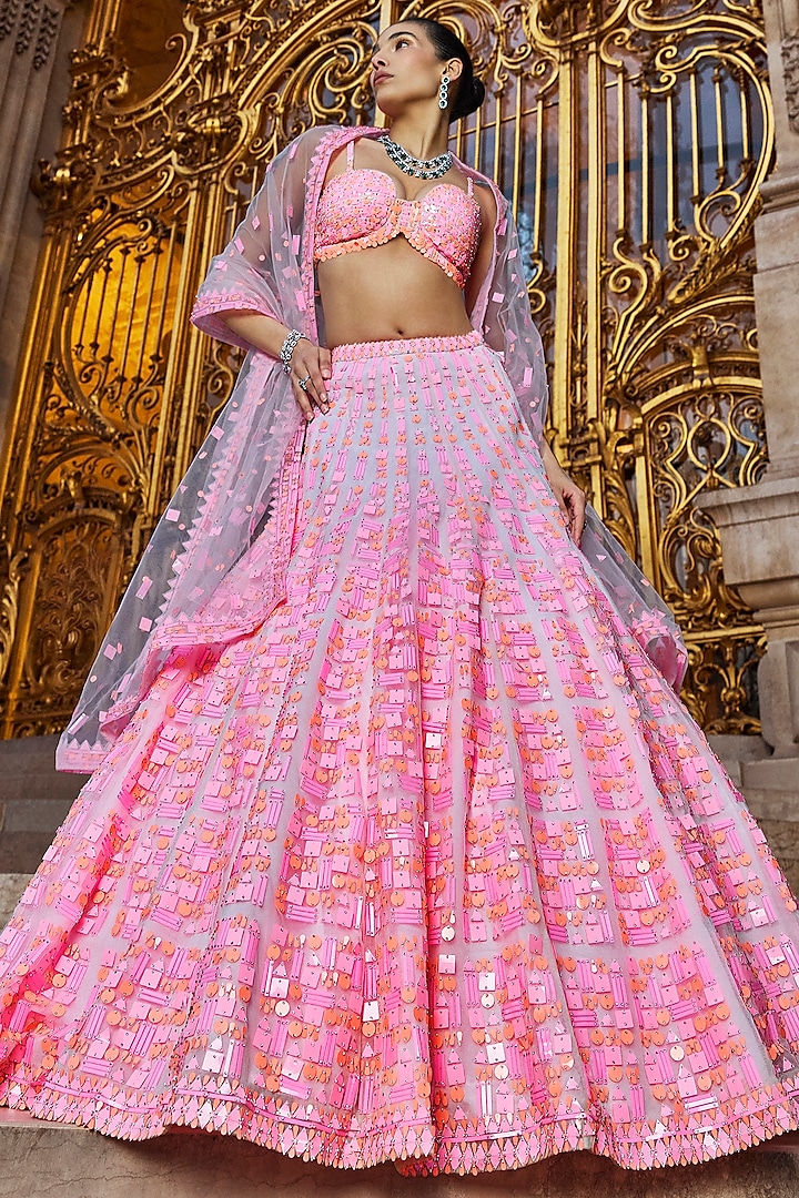 Neon Peach & Pink Net Sequins Embroidered Bridal Lehenga Set by Seema Gujral at Pernia's Pop Up Shop