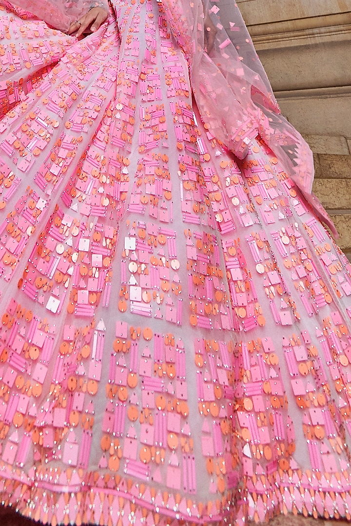 Neon Peach & Pink Net Sequins Embroidered Bridal Lehenga Set by Seema Gujral at Pernia's Pop Up Shop