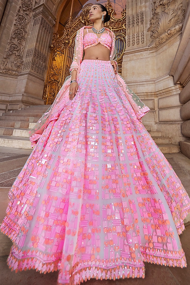 Neon Peach & Pink Net Sequins Embroidered Bridal Lehenga Set by Seema Gujral at Pernia's Pop Up Shop