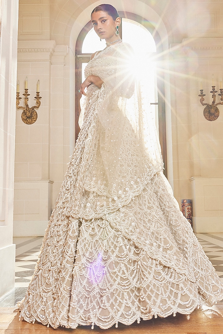 Nude Raw Silk Pearl Embroidered Bridal Lehenga Set by Seema Gujral at Pernia's Pop Up Shop