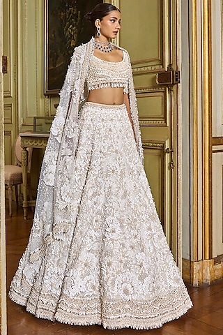Ivory Net Floral Embroidered Lehenga Set by Seema Gujral
