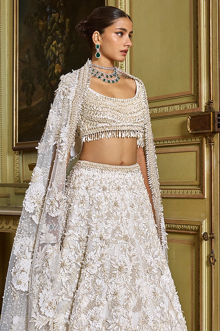 Ivory Net Floral Embroidered Bridal Lehenga Set by Seema Gujral at Pernia's Pop Up Shop