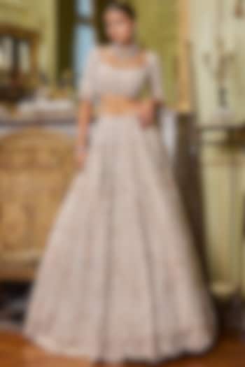 Nude Raw Silk Pearl Embroidered Bridal Lehenga Set by Seema Gujral at Pernia's Pop Up Shop