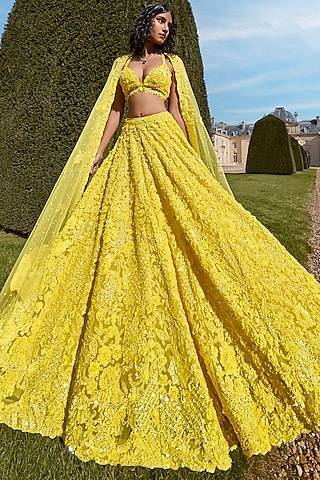 Yellow Net Sequins Embroidered Lehenga Set by Seema Gujral
