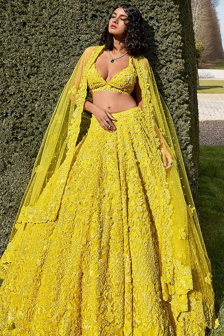 Yellow Net Sequins Embroidered Bridal Lehenga Set By Seema Gujral At