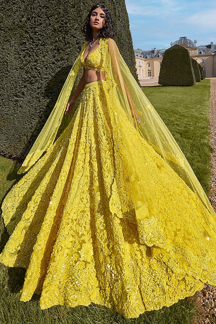 Yellow Pearl Work Net Lehenga Set main image 1