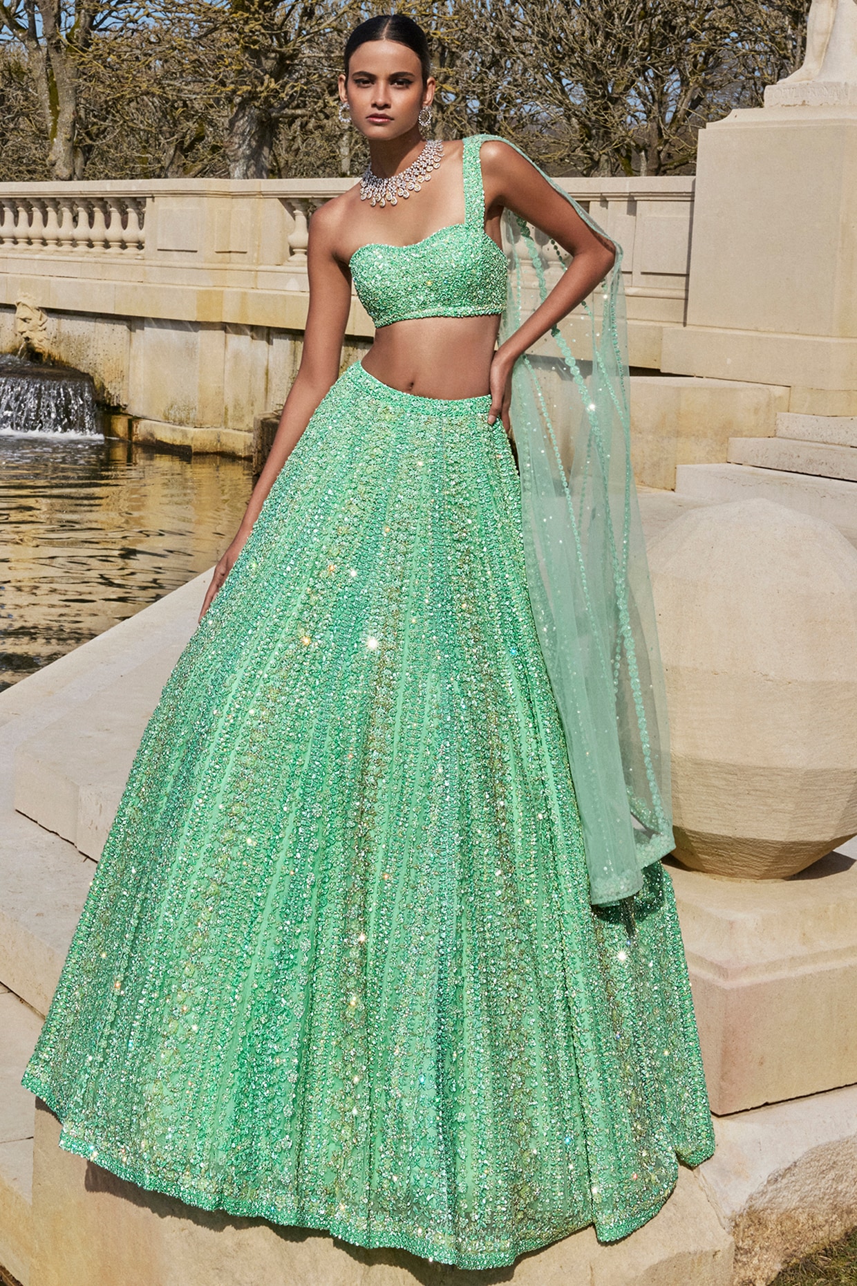 Sea Green Organza Hand Embroidered Lehenga Set Design by Angad Singh at  Pernia's Pop Up Shop 2024