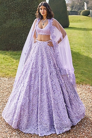 Mauve Net Sequins & Crystal Embroidered Lehenga Set by Seema Gujral
