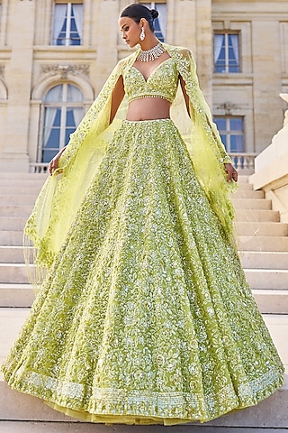 Sage Green Net Crystal Embroidered Lehenga Set by Seema Gujral