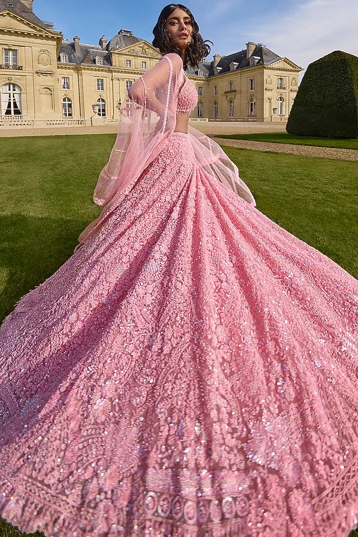 Pink Net Crystal Embroidered Bridal Lehenga Set by Seema Gujral at Pernia's Pop Up Shop