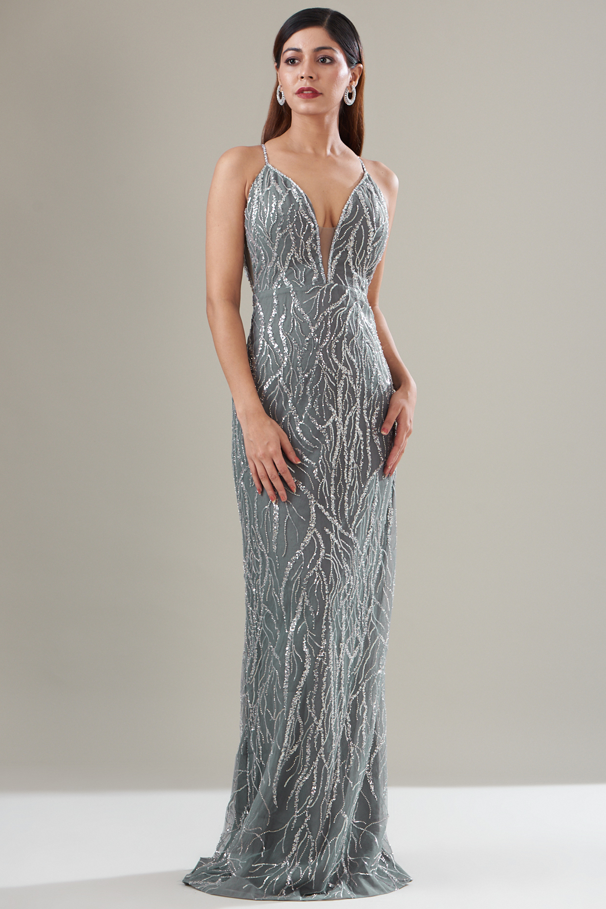 Grey Net Sequins Embroidered Wedding Gown by Seema Gujral at Pernia's Pop Up Shop