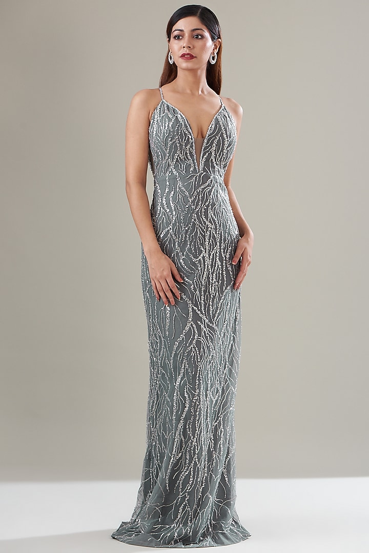 Grey Net Sequins Embroidered Wedding Gown by Seema Gujral at Pernia's Pop Up Shop