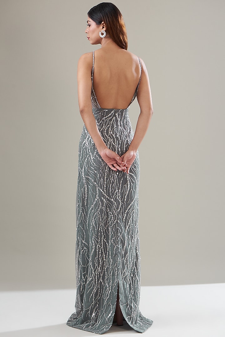 Grey Net Sequins Embroidered Wedding Gown by Seema Gujral at Pernia's Pop Up Shop