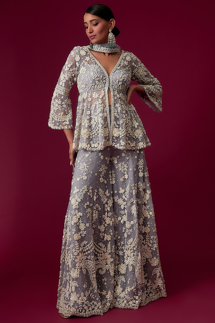 Ash Grey Net Pearl Embroidered Sharara Set by Seema Gujral at Pernia's Pop Up Shop