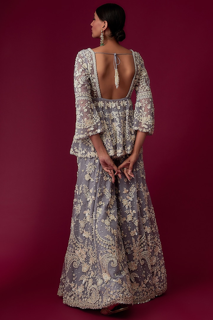 Ash Grey Net Pearl Embroidered Bridal Sharara Set by Seema Gujral at Pernia's Pop Up Shop