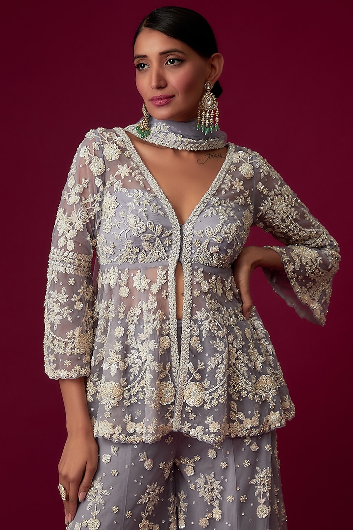 Ash Grey Net Pearl Embroidered Bridal Sharara Set by Seema Gujral at Pernia's Pop Up Shop
