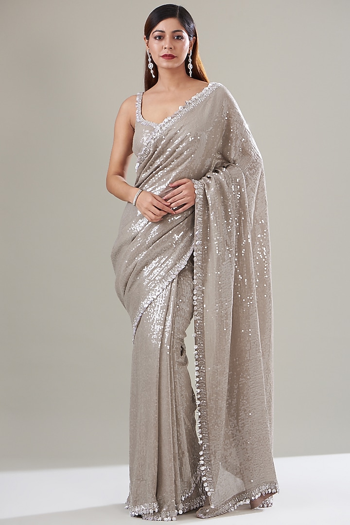 Nude Georgette Embroidered Saree Set by Seema Gujral