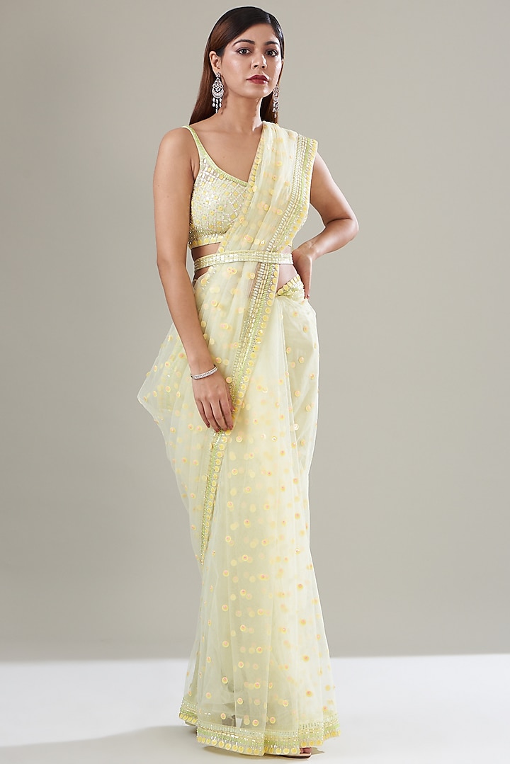 Neon Yellow Embroidered Saree Set by Seema Gujral