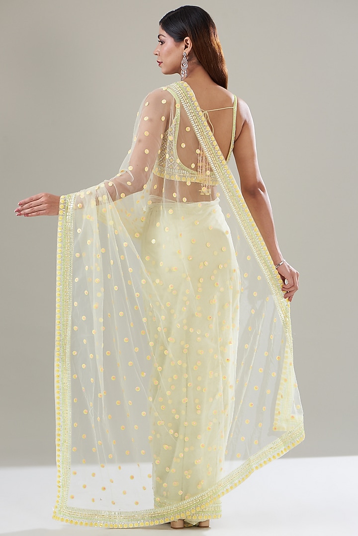 Neon Yellow Net Sequins Embroidered Reception Saree Set by Seema Gujral at Pernia's Pop Up Shop