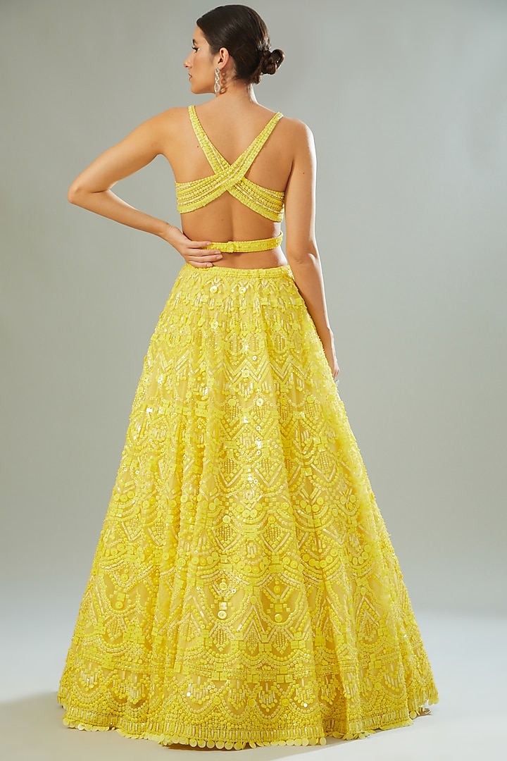 Yellow Net Sequins Embroidered Bridal Lehenga Set by Seema Gujral at Pernia's Pop Up Shop