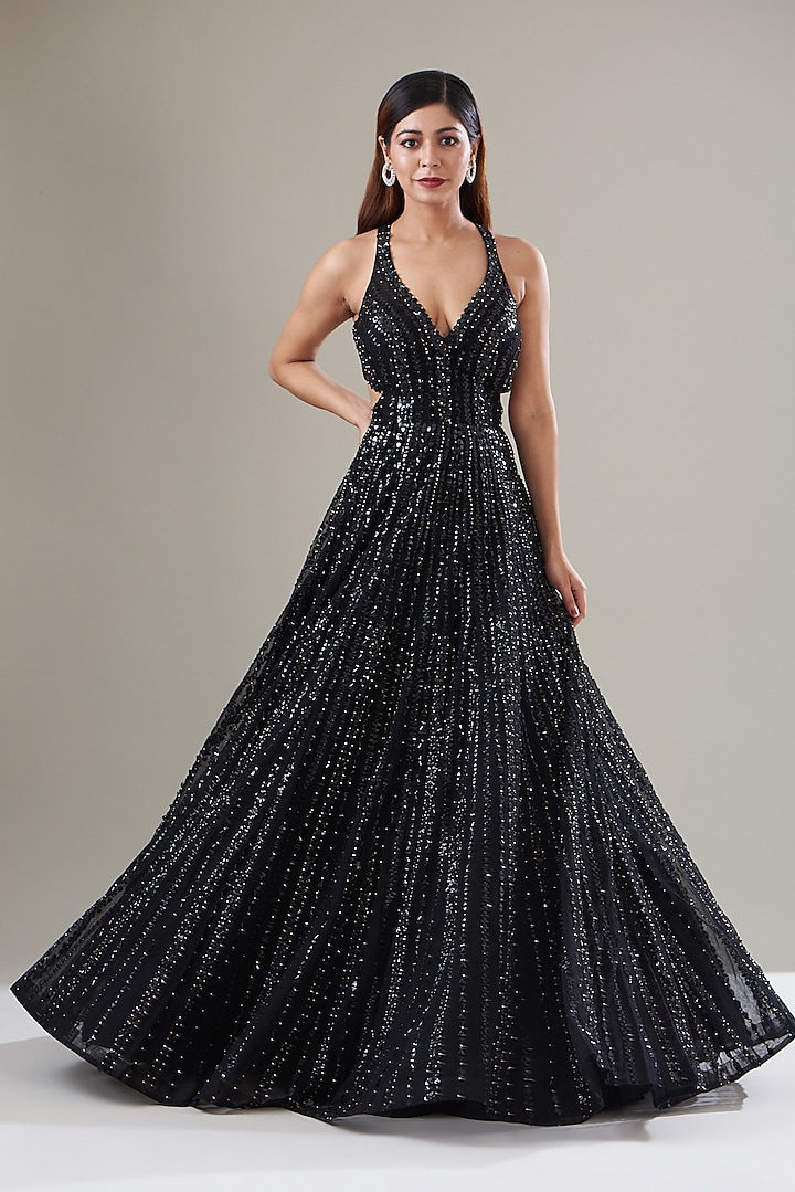 Black Net Sequins Embroidered Gown by Seema Gujral