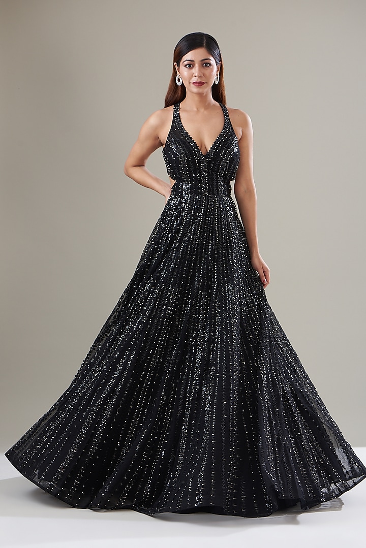 Black Net Sequins Embroidered Gown by Seema Gujral at Pernia's Pop Up Shop